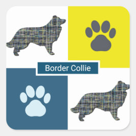 Border Collie Dog & Paw Y&B Grid Square Sticker