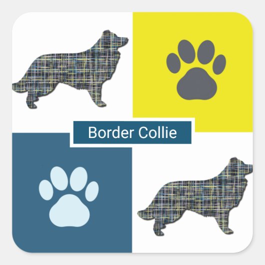 Border Collie Dog & Paw Y&B Grid Square Sticker (Vorderseite)