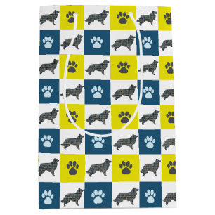Border Collie Dog & Paw Yellow & Black Grid Mittlere Geschenktüte