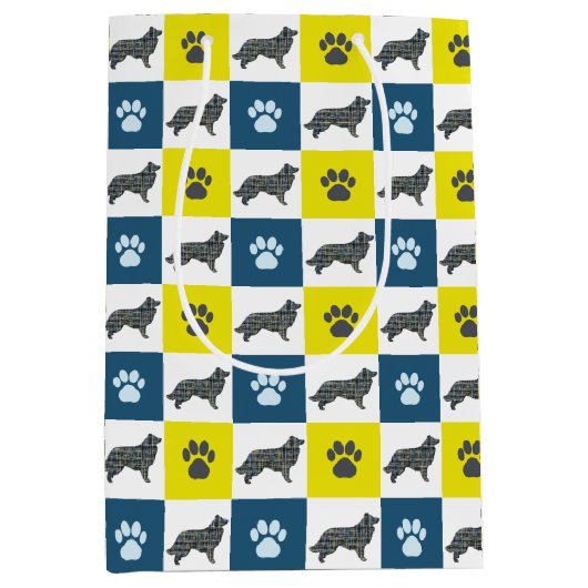 Border Collie Dog & Paw Yellow & Black Grid Mittlere Geschenktüte (Vorderseite)