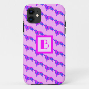 Border Collie Dog Pink & Blue Silhouette Monogramm Case-Mate iPhone Hülle