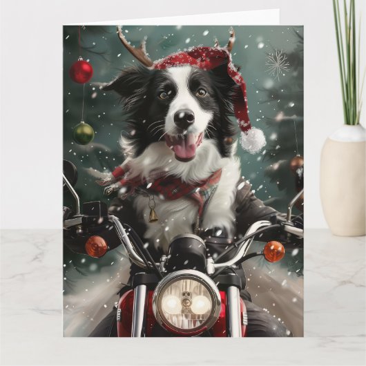 Border Collie Dog Reiten Motorrad Weihnachten Karte (Vorderseite)