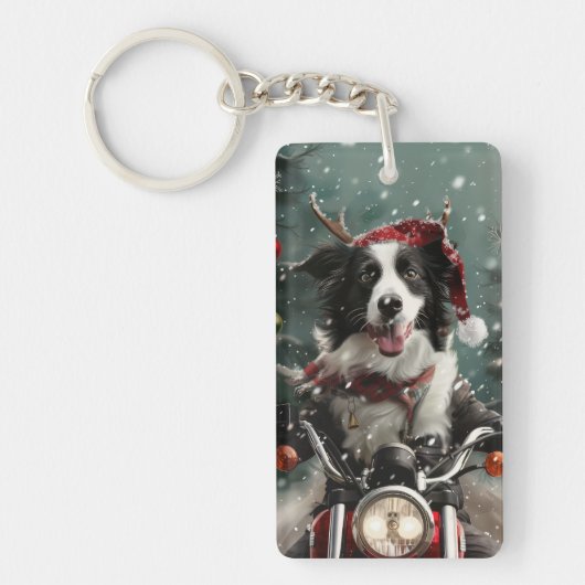 Border Collie Dog Reiten Motorrad Weihnachten Schlüsselanhänger (Vorderseite)