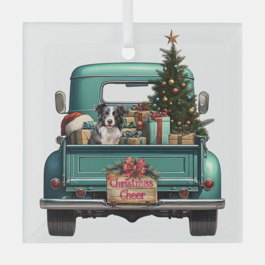 Border Collie Dog Retro Truck Weihnachten Ornament Aus Glas (Vorderseite)