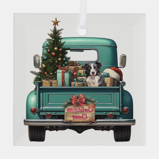 Border Collie Dog Retro Truck Weihnachten Ornament Aus Glas (Rückseite)