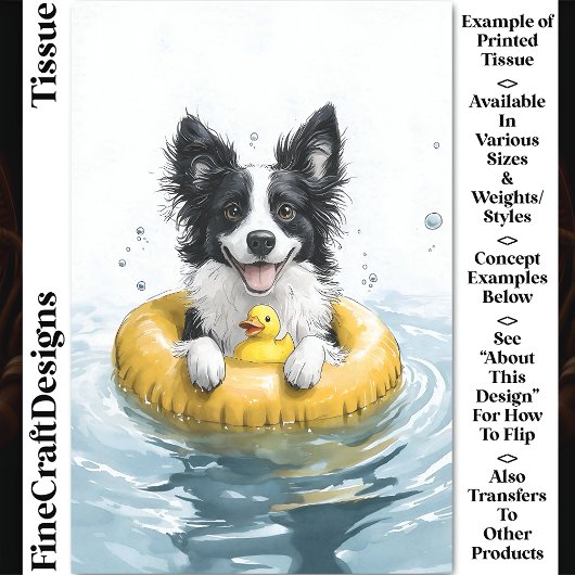 Border Collie Dog Rubber Ring & Duck CV6 Decoupage Seidenpapier