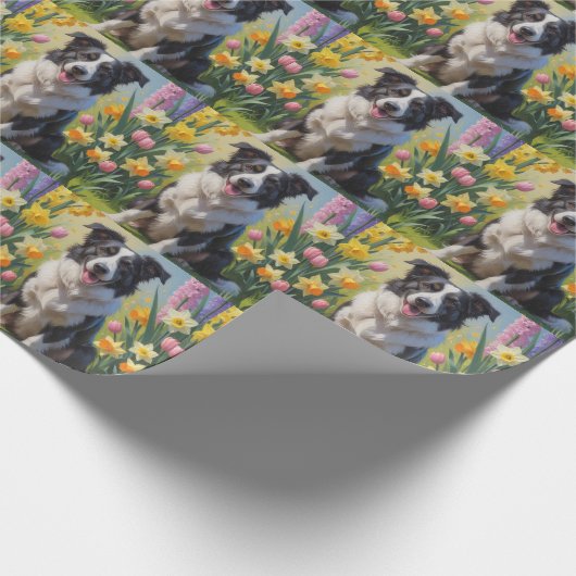 Border Collie Dog Spring Blumen Malerei Geschenkpapier (Ecke)