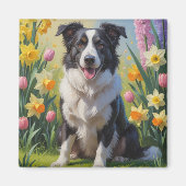 Border Collie Dog Spring Blumen Malerei Magnet (Vorne)