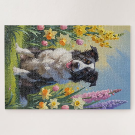 Border Collie Dog Spring Blumen Malerei Puzzle (Horizontal)