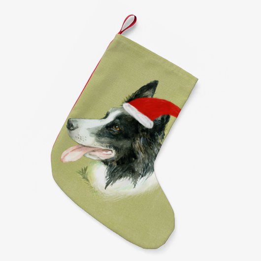 Border Collie Dog w Christmas Weihnachtsmannmütze Kleiner Weihnachtsstrumpf (Vorderansicht (hängend))
