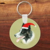 Border Collie Dog w Christmas Weihnachtsmannmütze Schlüsselanhänger (Vorderseite)