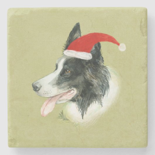 Border Collie Dog w Christmas Weihnachtsmannmütze Steinuntersetzer (Vorderseite)