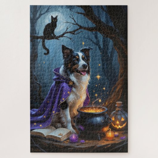 Border Collie Dog Whimsical Halloween Malerei Puzzle (Vertikal)