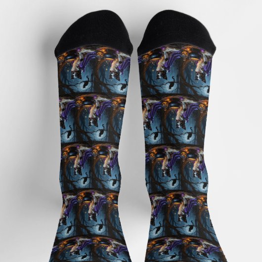 Border Collie Dog Whimsical Halloween Malerei Socken (Oben)