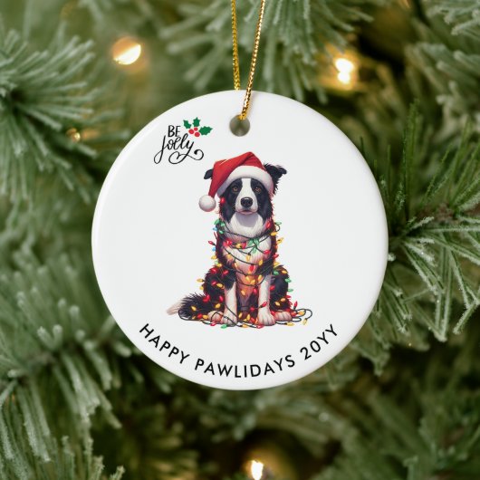 Border Collie Dog Wrapped In Christmas Light  Keramik Ornament (Baum)