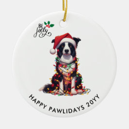 Border Collie Dog Wrapped In Christmas Light  Keramik Ornament