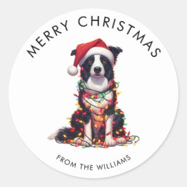 Border Collie Dog Wrapped In Christmas Light Runder Aufkleber