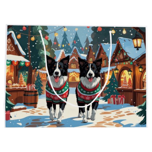 Border Collie Dogs Christmas Snow Holiday Große Geschenktüte (Rückseite)