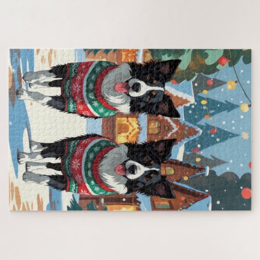 Border Collie Dogs Christmas Snow Holiday Puzzle (Horizontal)