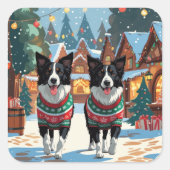 Border Collie Dogs Christmas Snow Holiday Quadratischer Aufkleber (Vorderseite)