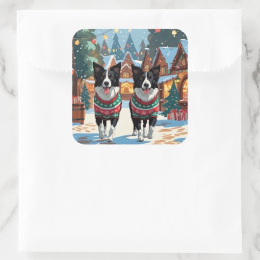 Border Collie Dogs Christmas Snow Holiday Quadratischer Aufkleber (Tasche)
