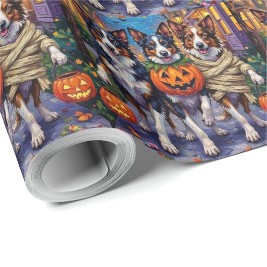 Border Collie Dogs Trick-or-Treating zu Halloween Geschenkpapier (Rolleneckpunkt)