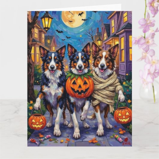 Border Collie Dogs Trick-or-Treating zu Halloween Karte (Orchidee)