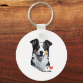 Border Collie face (mit I Liebe Text) Schlüsselanhänger (Vorderseite)