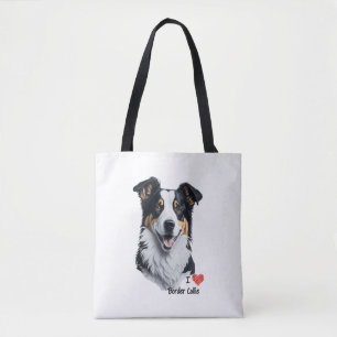 Border Collie face (mit I Liebe Text) Tasche