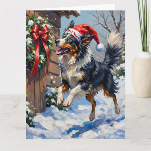 Border Collie fängt Weihnachts-Schleife im Sprung Karte