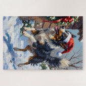 Border Collie fängt Weihnachts-Schleife im Sprung  Puzzle (Horizontal)