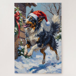 Border Collie fängt Weihnachts-Schleife im Sprung Puzzle