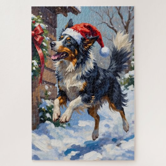 Border Collie fängt Weihnachts-Schleife im Sprung  Puzzle (Vertikal)