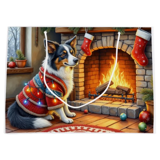 Border Collie Fireplace with Christmas Lights Große Geschenktüte (Vorderseite)
