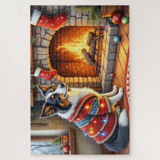 Border Collie Fireplace with Christmas Lights Puzzle (Vertikal)