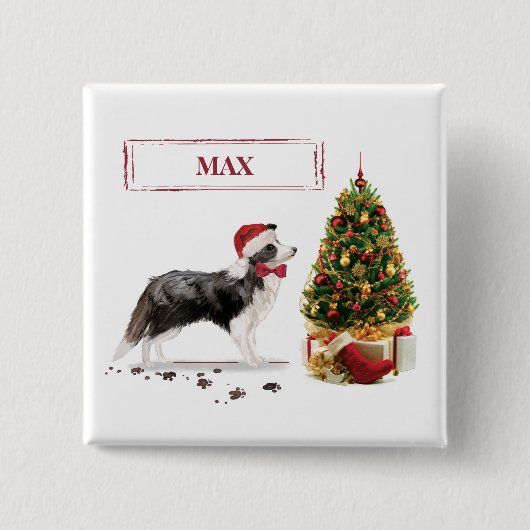 Border Collie Funny Christmas Dog mit Baum Button (Vorderseite)