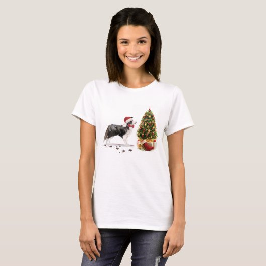 Border Collie Funny Christmas Dog mit Baum T-Shirt (Vorne ganz)