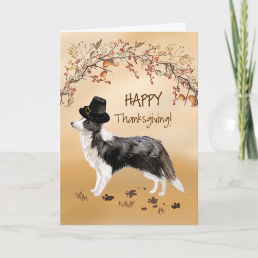 Border Collie Funny Pilgrim Hat Erntedank Karte (Vorderseite)