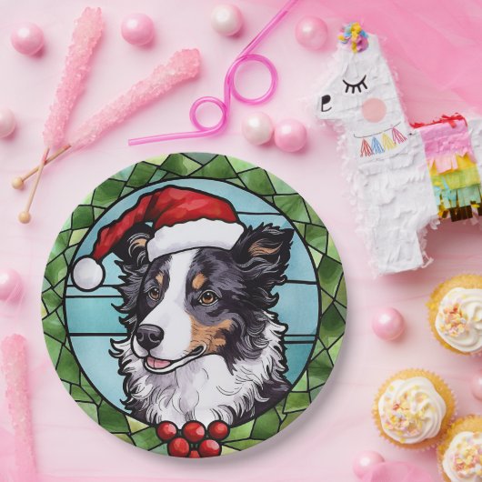 Border Collie gestains Glass Weihnachten Pappteller (Party)