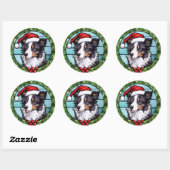 Border Collie gestains Glass Weihnachten Runder Aufkleber (Blatt)