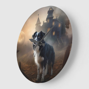 Border Collie Halloween Beängstigend Große Wanduhr