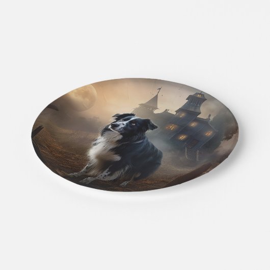 Border Collie Halloween Beängstigend Pappteller (Schrägansicht)