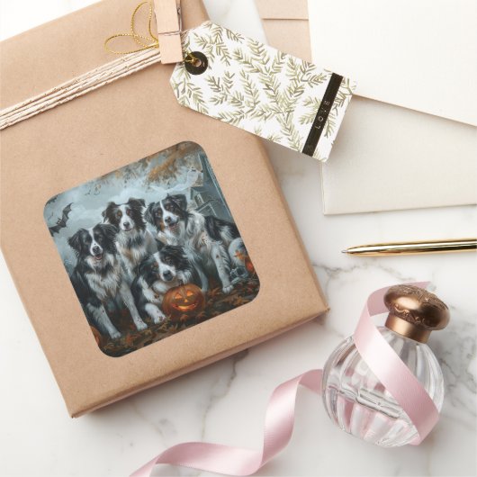 Border Collie Halloween Night Doggy Delight Quadratischer Aufkleber (Schenken)