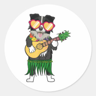 Border Collie Hawaiian Costume Playing Ukulele Sum Runder Aufkleber