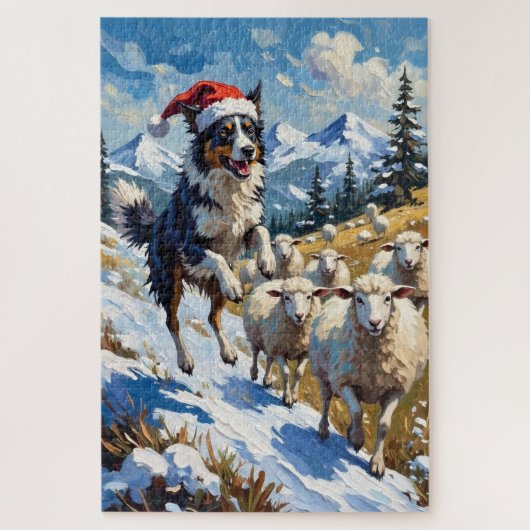 Border Collie Herding Christmas Snowballs Hat Puzzle (Vertikal)