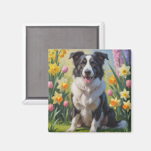 Border Collie Hund Frühlingsblumen Malerei Magnet