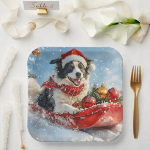 Border Collie Hund im Schlitten Lass es schneien W Pappteller