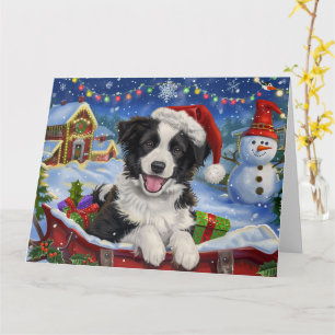 Border Collie Hund im Schlitten Schnee Weihnachten Karte