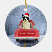Border Collie Hund im Schnee sitzen in Christmas C Keramik Ornament (Vorne)