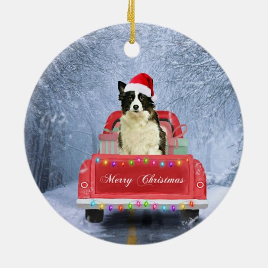 Border Collie Hund im Schnee sitzen in Christmas C Keramik Ornament (Hinten)